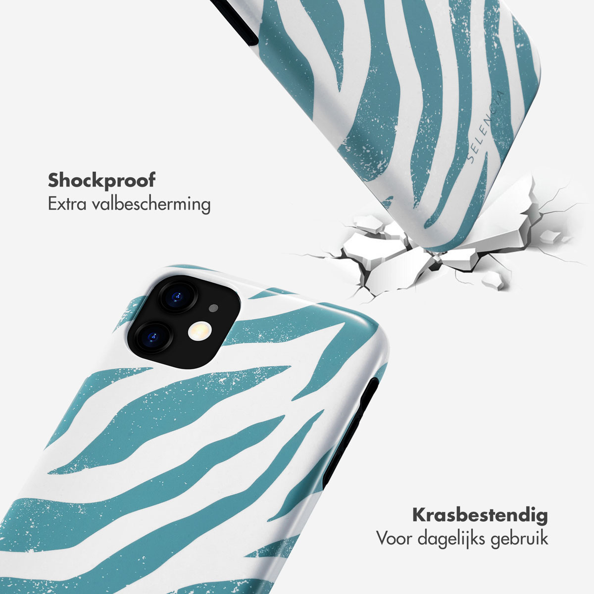 Telefoonhoesje, zeegroen zebrapatroon. Hoesje breekt. Tekst: Schokbestendig, Extra valbescherming, krasbestendig.