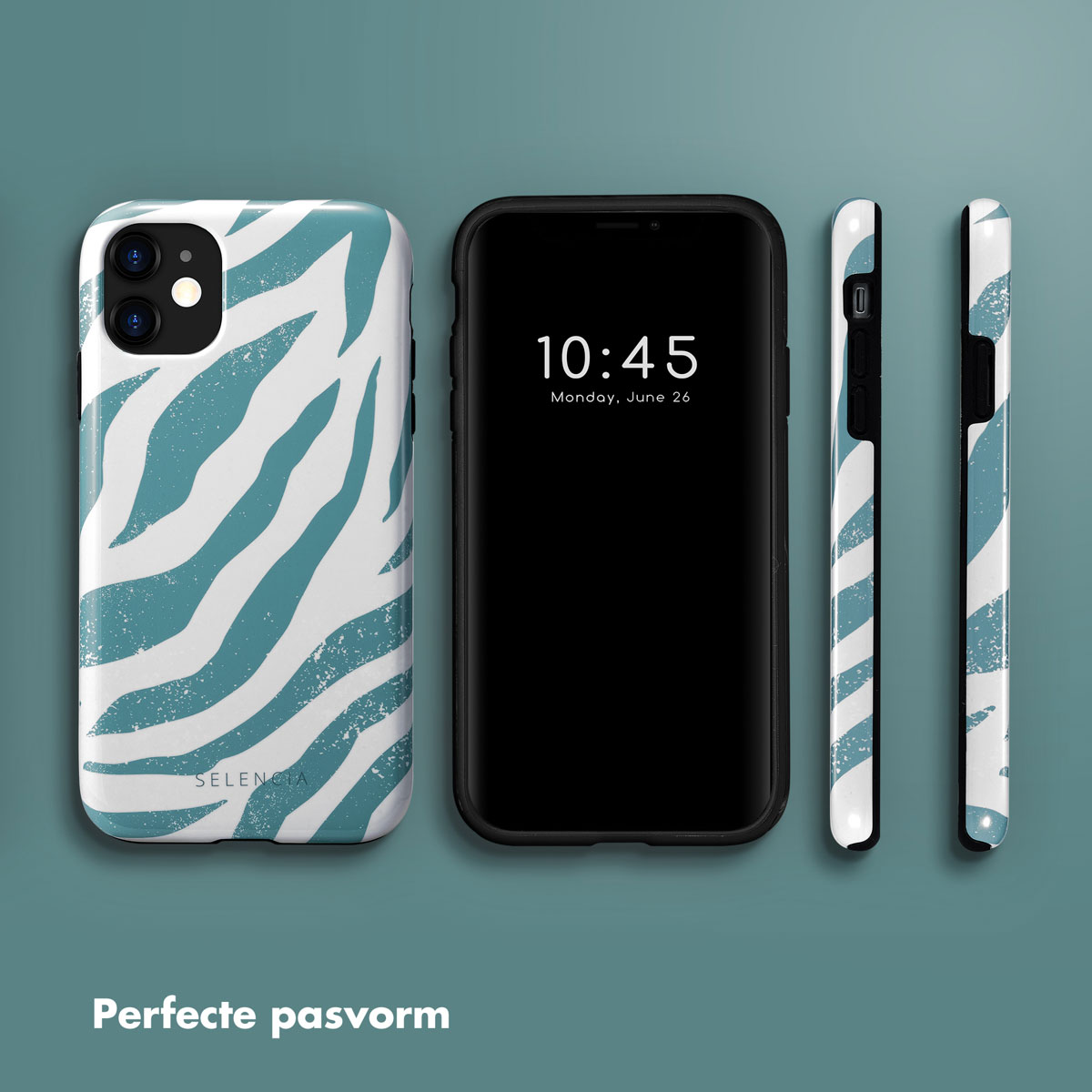 Telefoonhoesjes met blauw-wit zebrapatroon. Een telefoon toont 10:45. De achtergrond is blauwgroen.