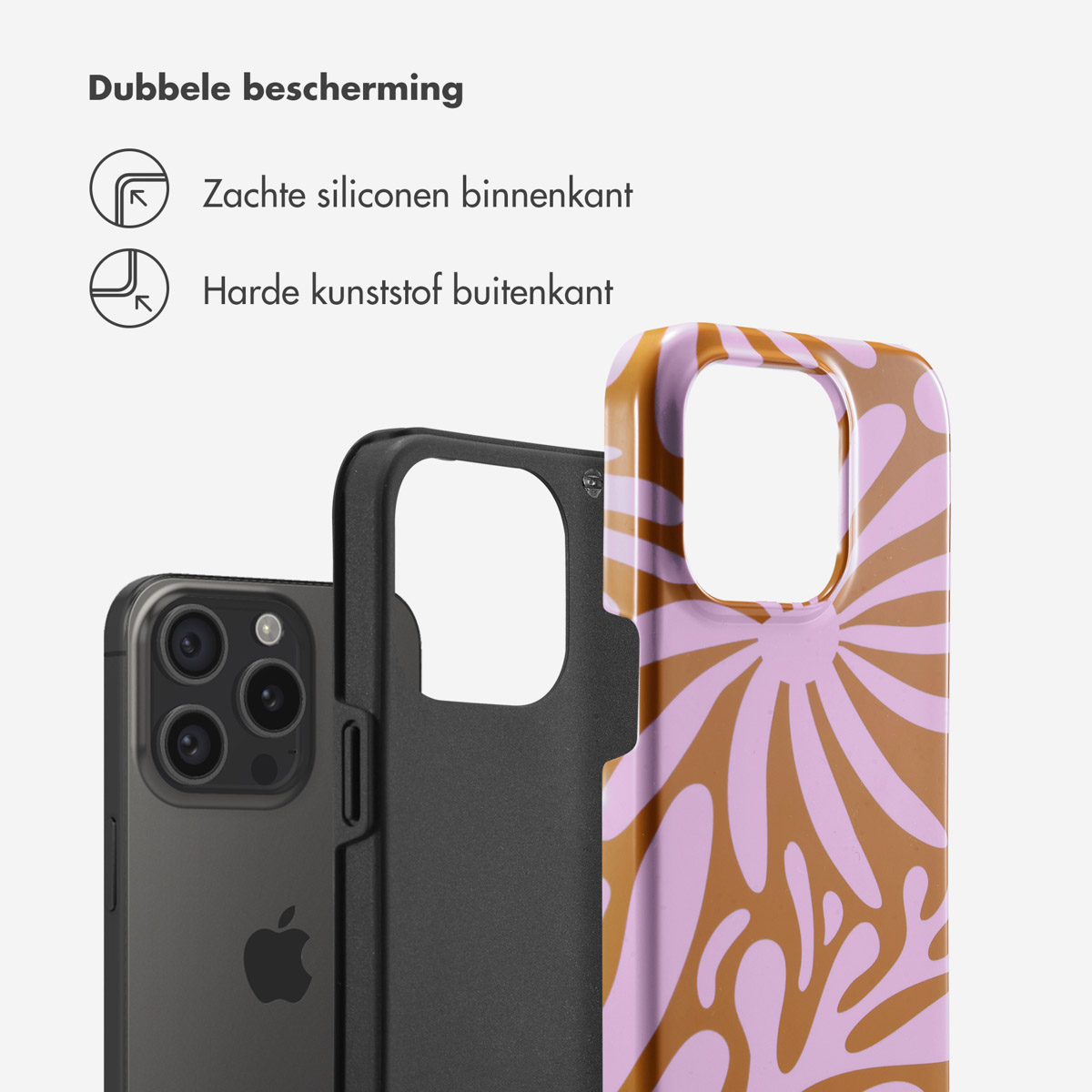 Un smartphone avec une coque de protection, montrant une doublure intérieure douce et une coque extérieure dure.