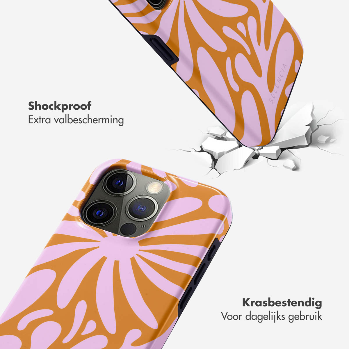Deux coques de téléphone à motif rose et orange, l'une tombe