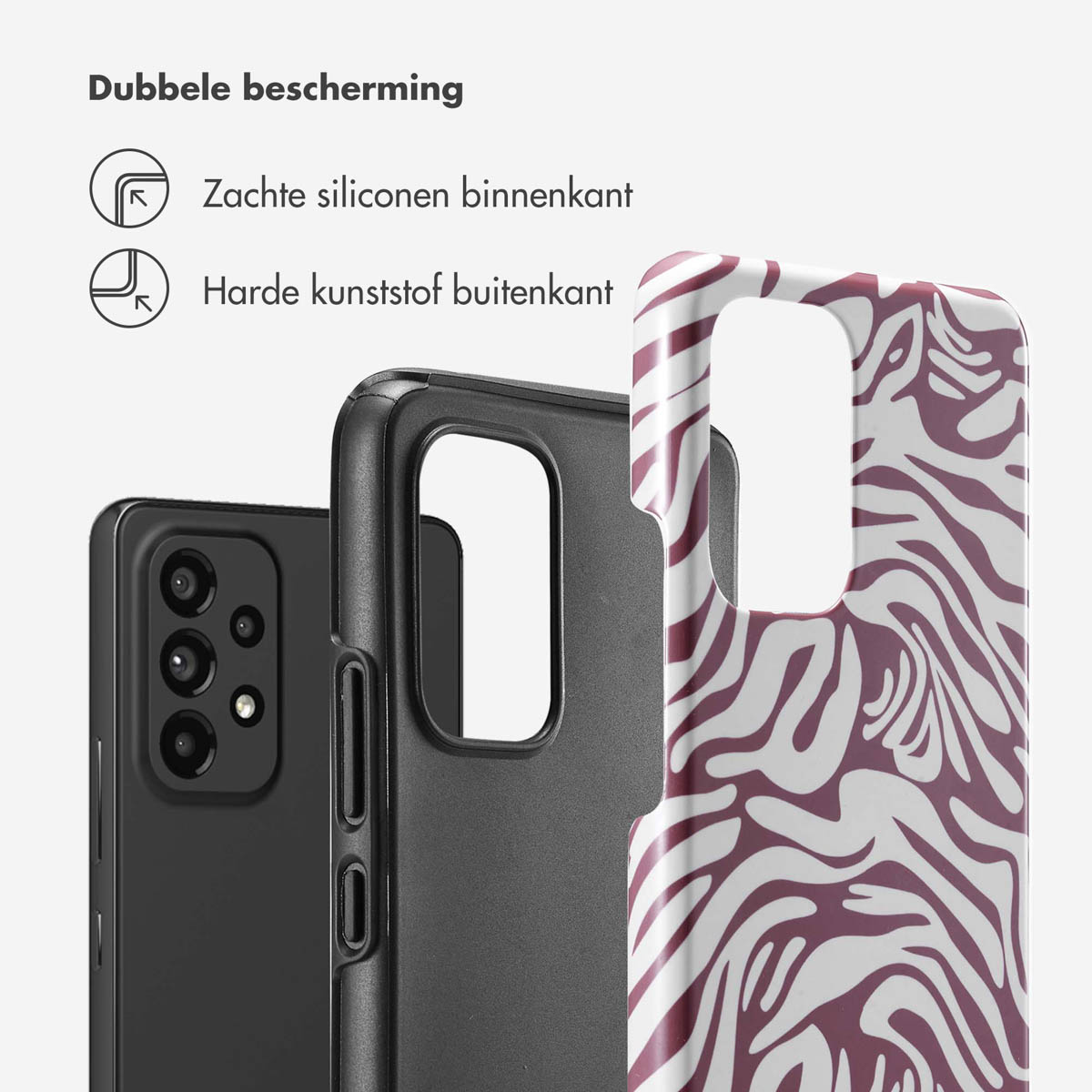 Gros plan sur des coques de téléphone montrant une coque à imprimé zébré sur un autre téléphone et une coque.