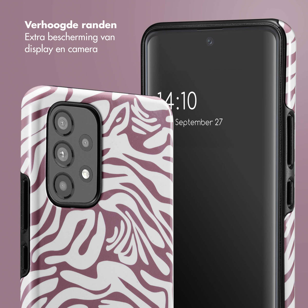Coque de téléphone avec imprimé zébré, téléphone à droite.