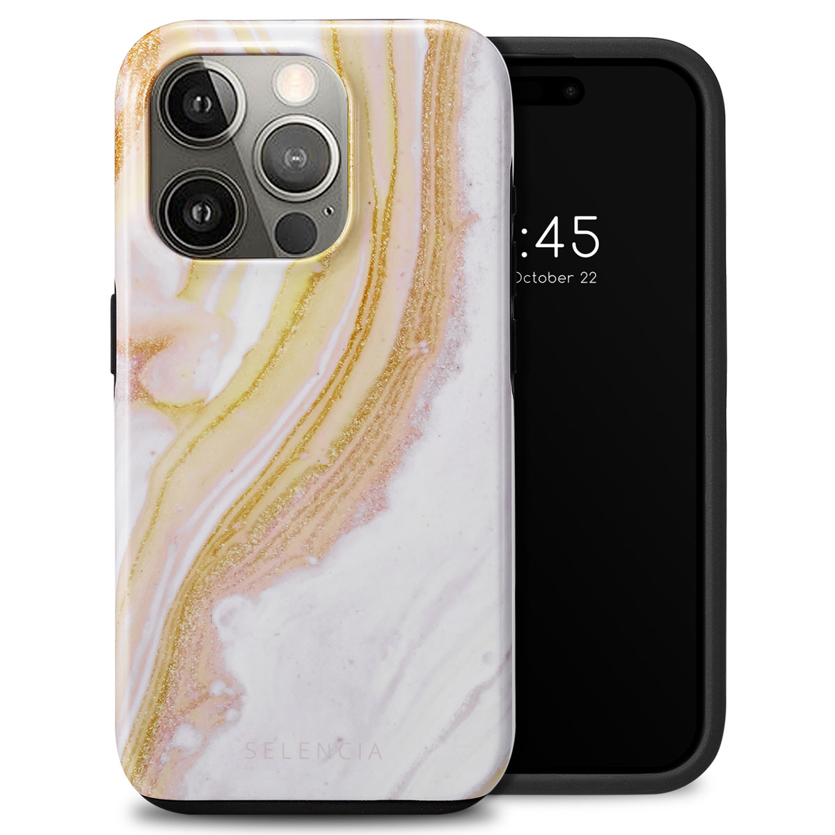 Coque de téléphone avec un design marbre et un téléphone, affichant l'heure. Gros plan.