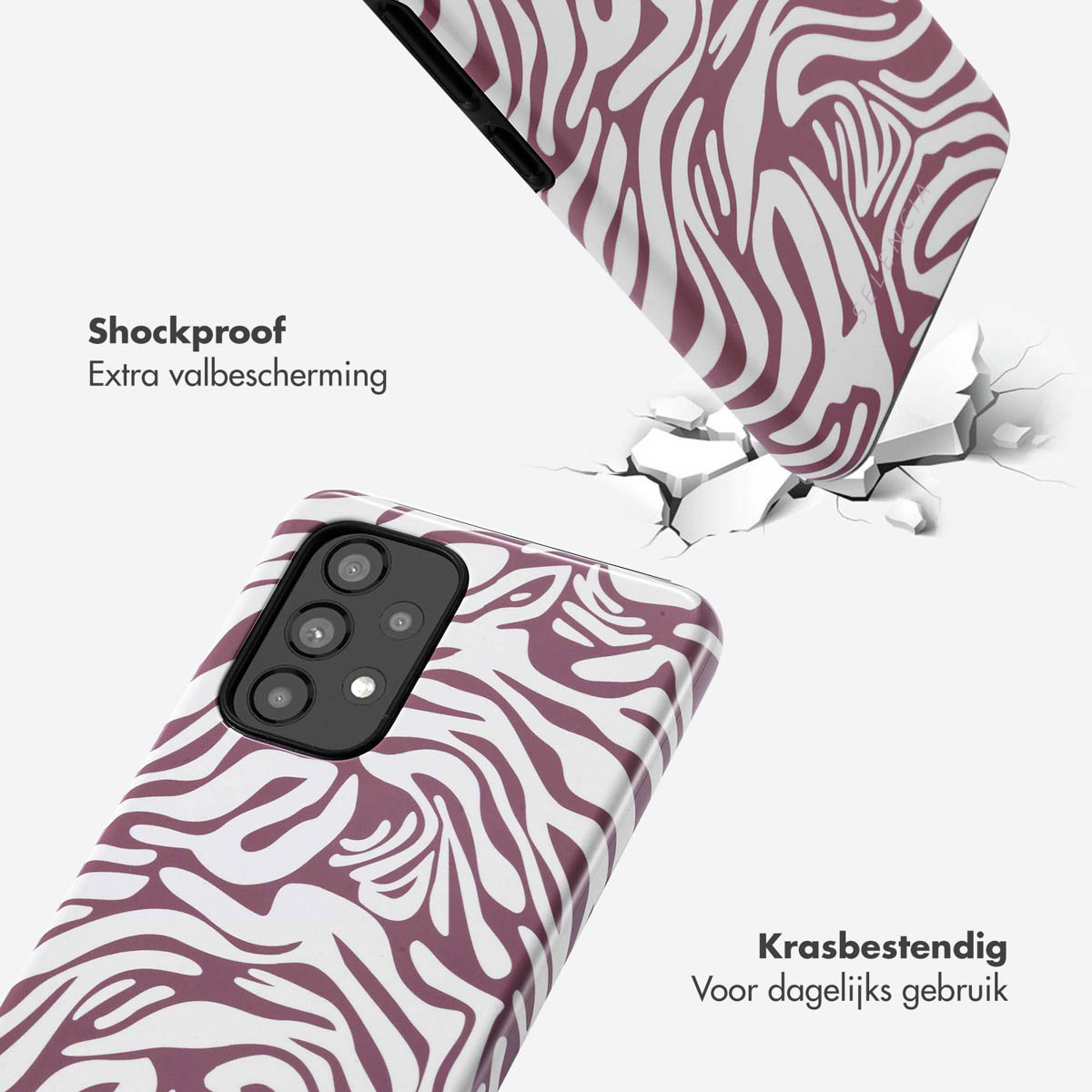 Coques de téléphone avec imprimé zébré, antichoc, avec texte en néerlandais.