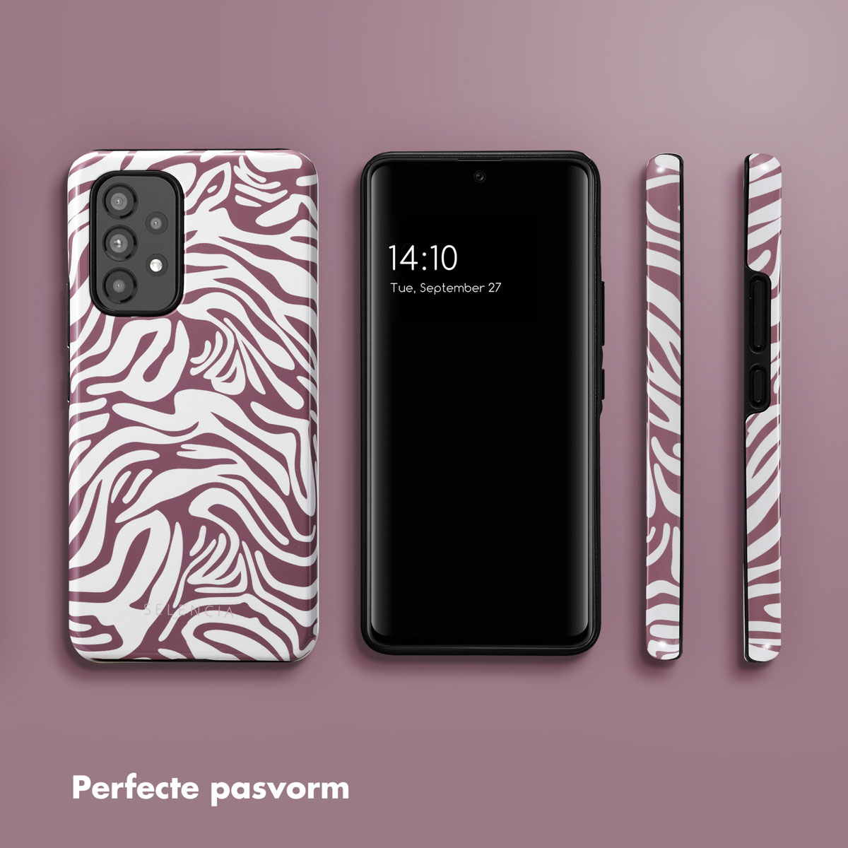 Coque de téléphone avec motif zébré blanc et bordeaux. Téléphone au centre, parties de la coque sur les côtés.