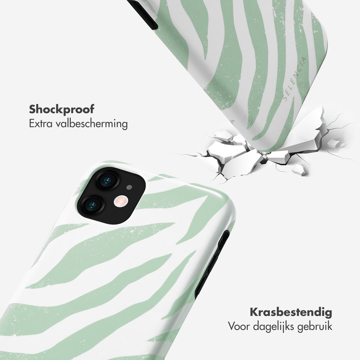 Une coque de téléphone, des rayures zébrées vertes et une surface cassée.