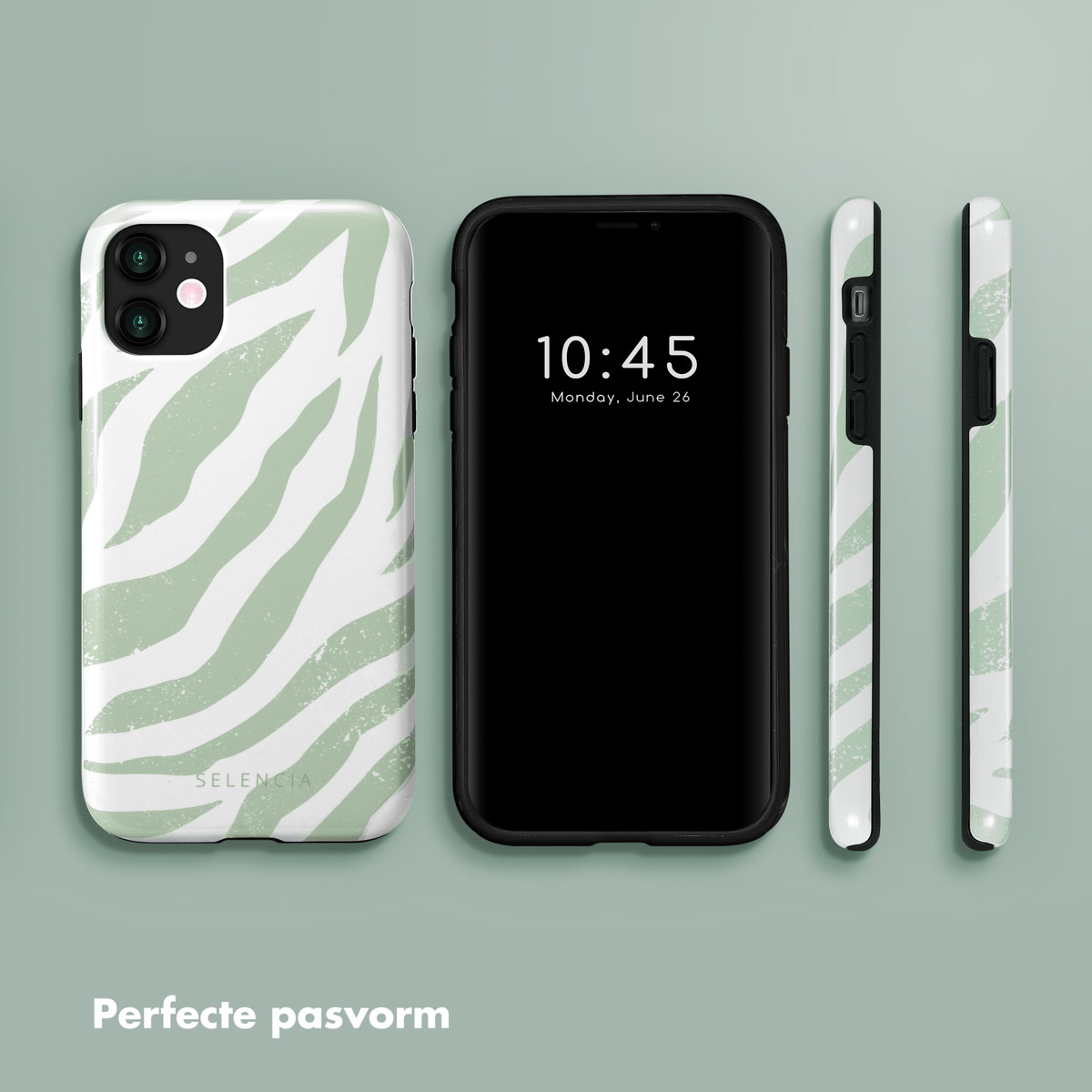 Trois téléphones, un avec une coque à rayures zébrées vertes et blanches.