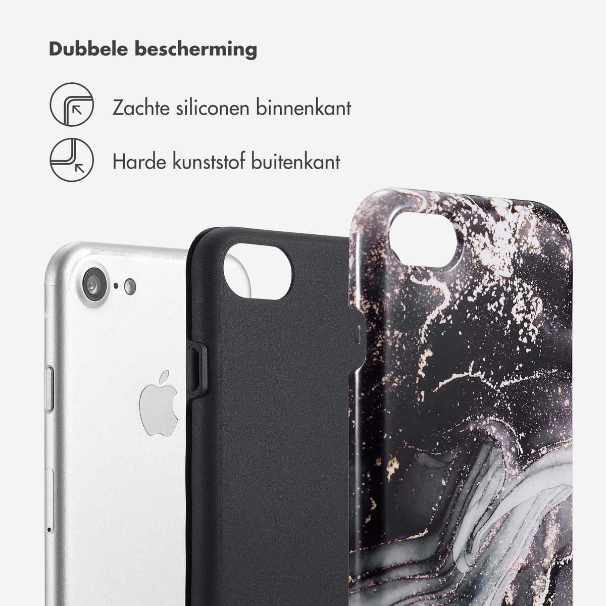 Telefoonhoesje. Twee lagen van de hoes met een telefoon ertussen. Marmerachtig patroon.