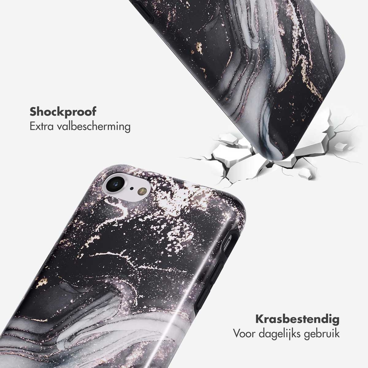 Telefoonhoesje met zwart marmerdesign, barstende grond.