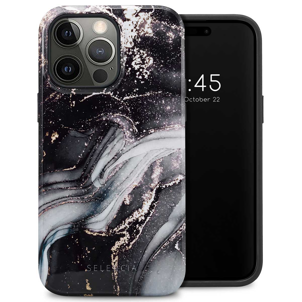 Zwart en goud marmer telefoonhoesje naast een zwarte telefoon. Tekst: Selencia, tijd 10:45, 22 oktober.