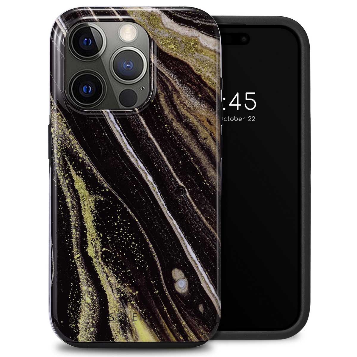 Téléphone avec étui en marbre noir, or et blanc. La date est le 22 octobre, 1h45.