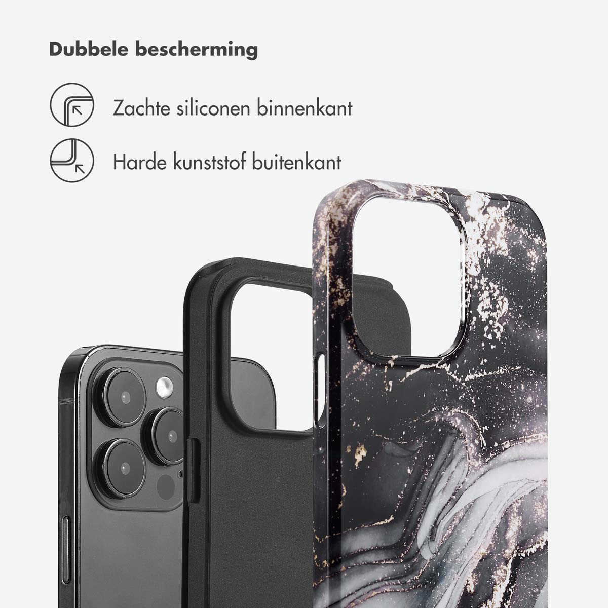 Zwarte telefoonhoes met een marmerontwerp, met een telefoon erin.