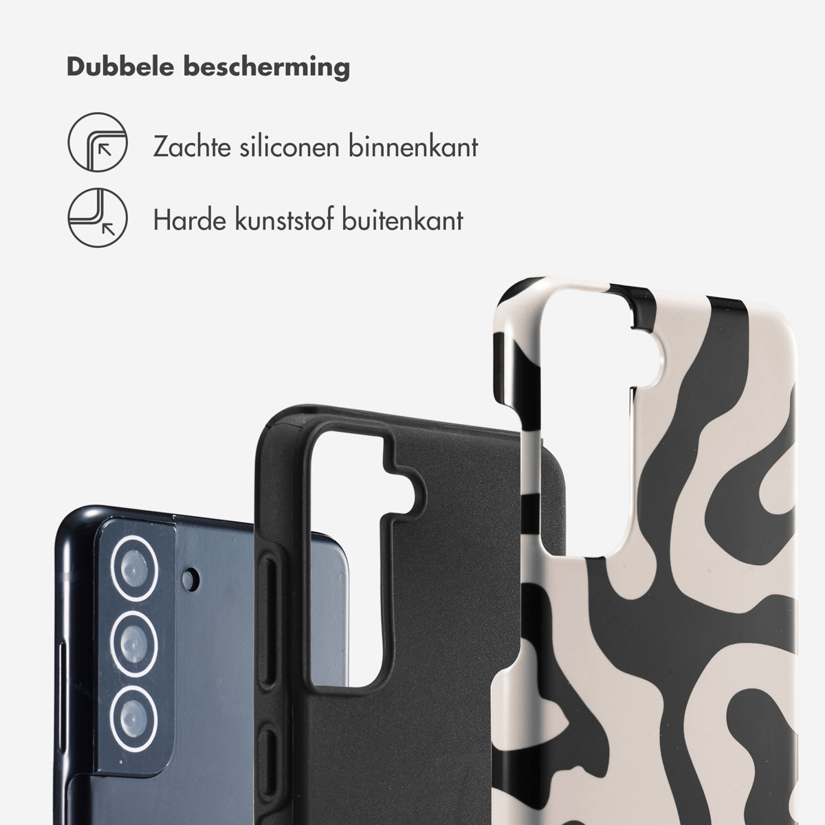 Custodia per telefono, motivo zebrato bianco e nero. Testo: doppia protezione, silicone morbido all'interno, plastica dura all'esterno.