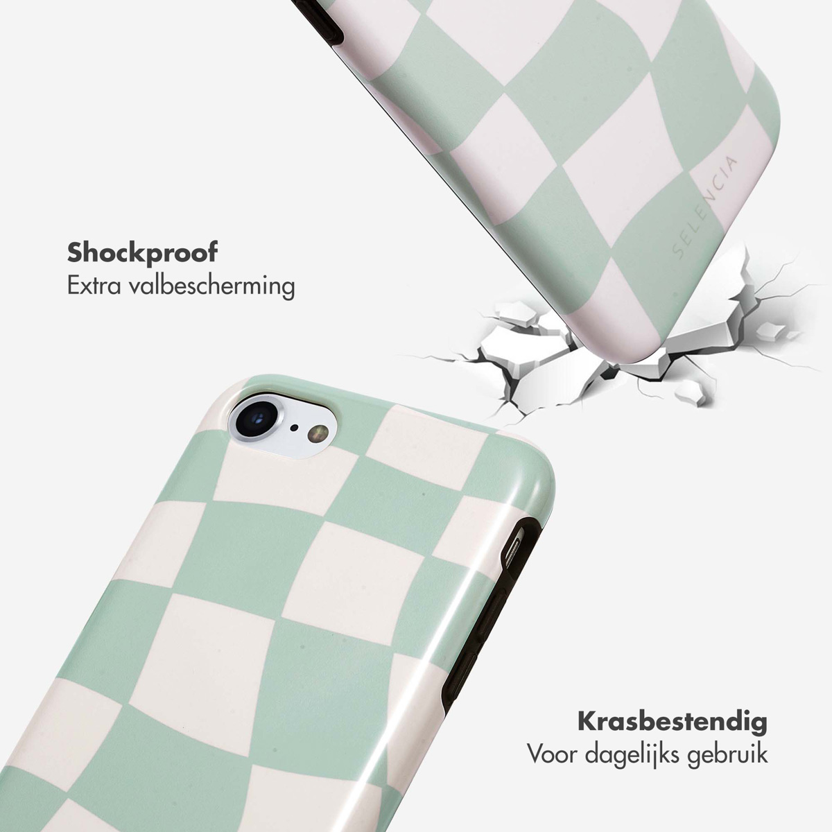 Deux coques de téléphone avec un motif à carreaux vert et blanc. L'une tombe, l'autre intacte.