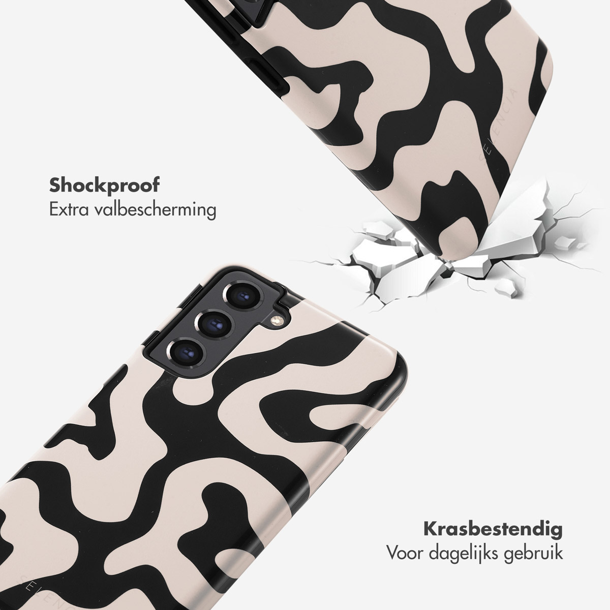 Custodia per telefono con design a onde nere e beige, che cade, rompe il terreno, sfondo bianco.