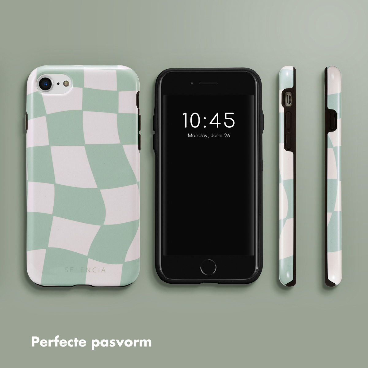 Coque de téléphone à carreaux verts et blancs avec un téléphone.