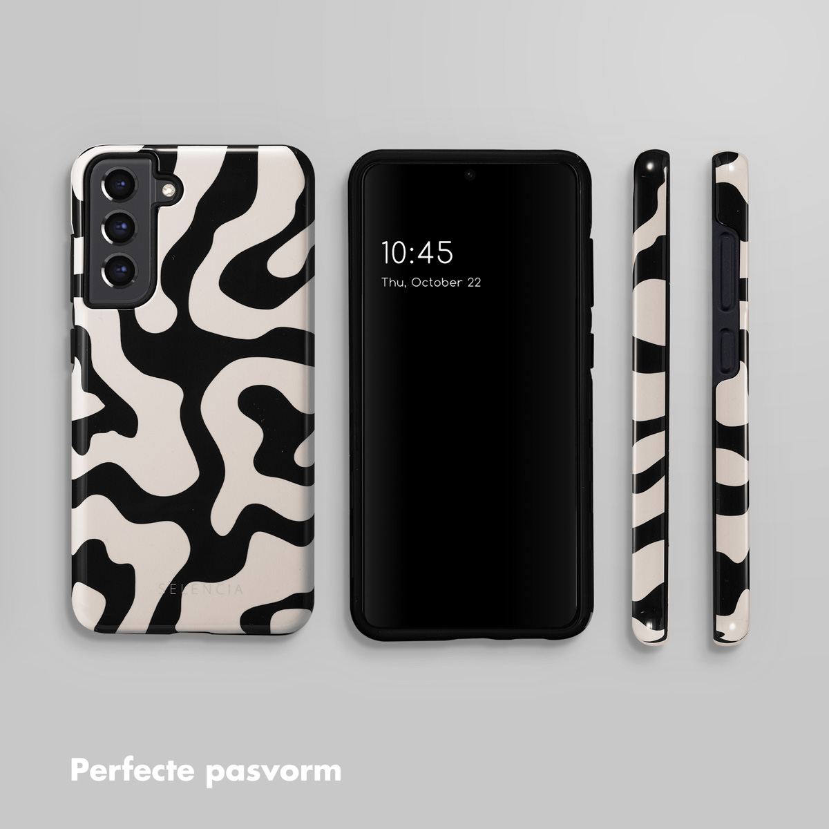Uno smartphone con motivo astratto bianco e nero su una custodia.