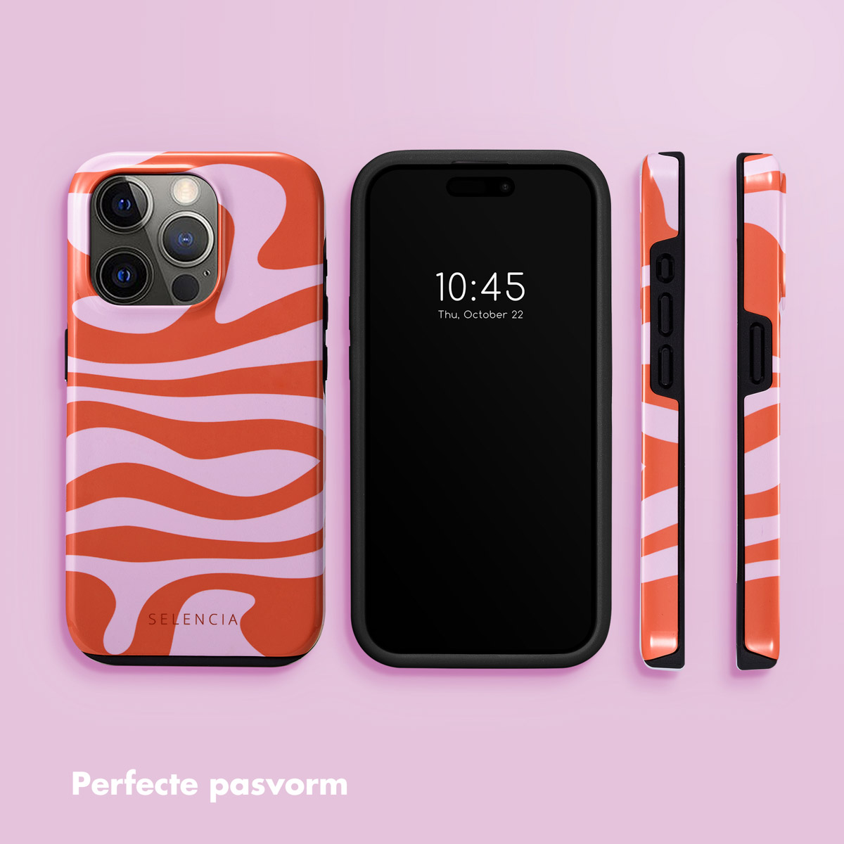 Een telefoon en telefoonhoesjes met een golvend oranje en roze ontwerp worden getoond tegen een roze achtergrond.