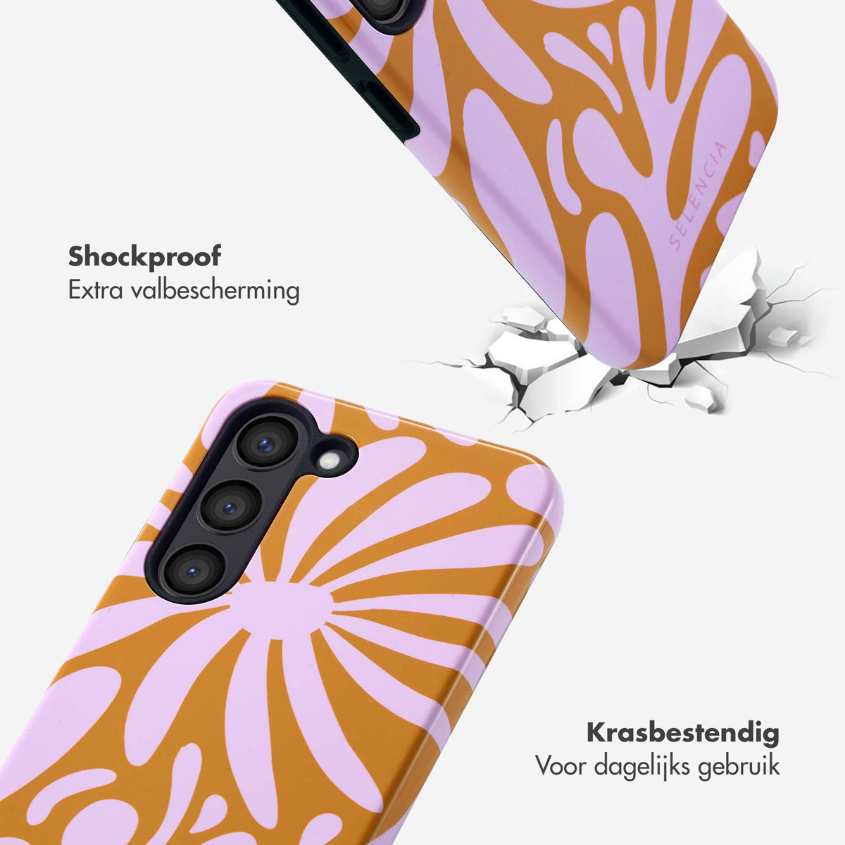 Coque de téléphone avec un motif floral, un téléphone qui tombe et l'impact.