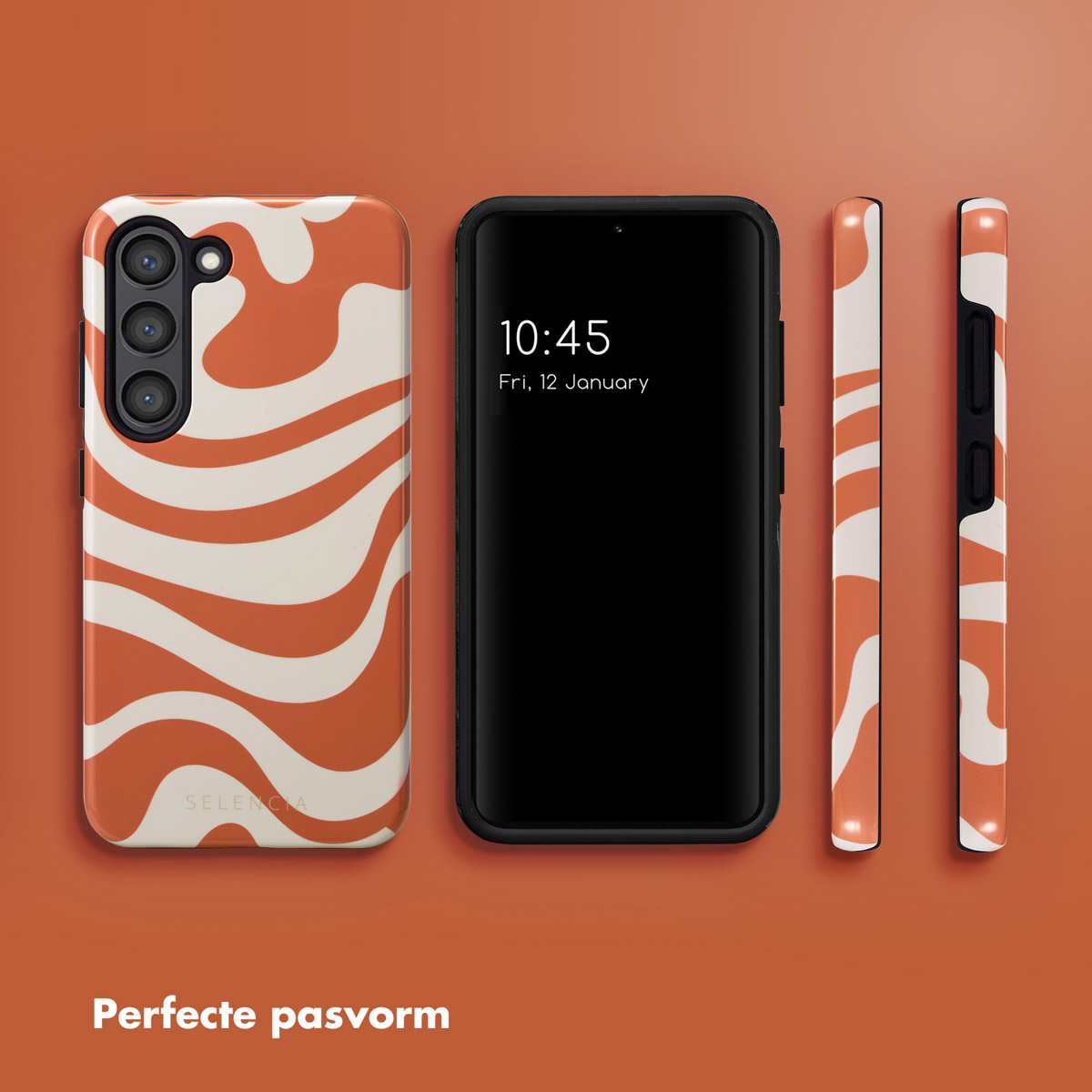 Coque de téléphone avec un design ondulé orange et blanc. Téléphone au centre, parties de la coque sur les côtés. Fond orange.