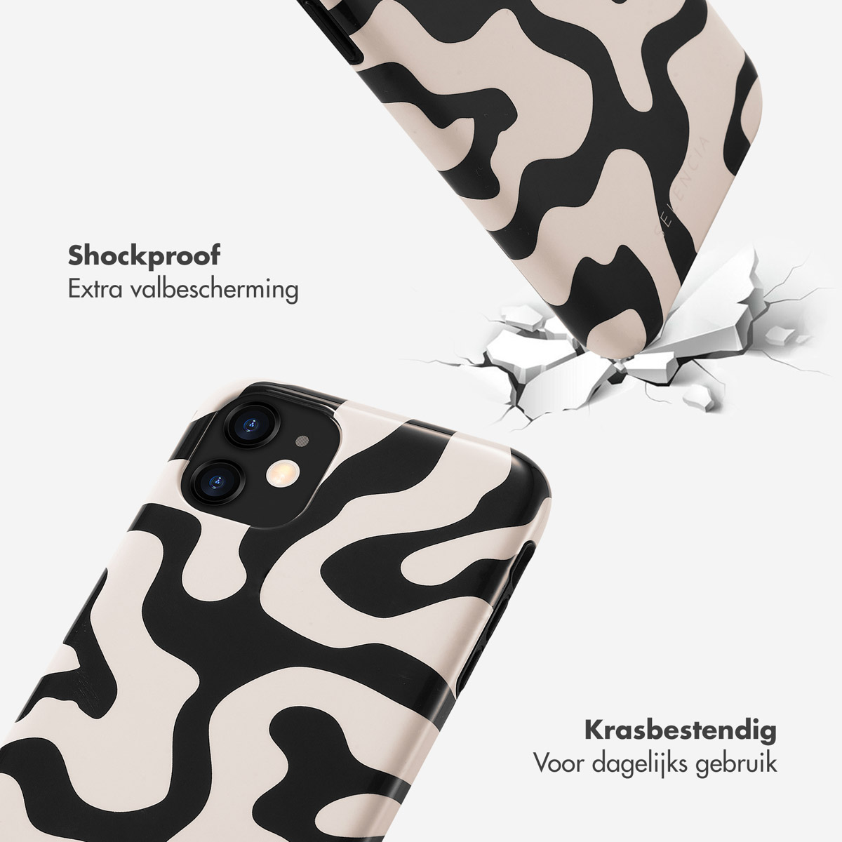 Telefoonhoes valt, een zwart-witte hoes valt, met een witte achtergrond.