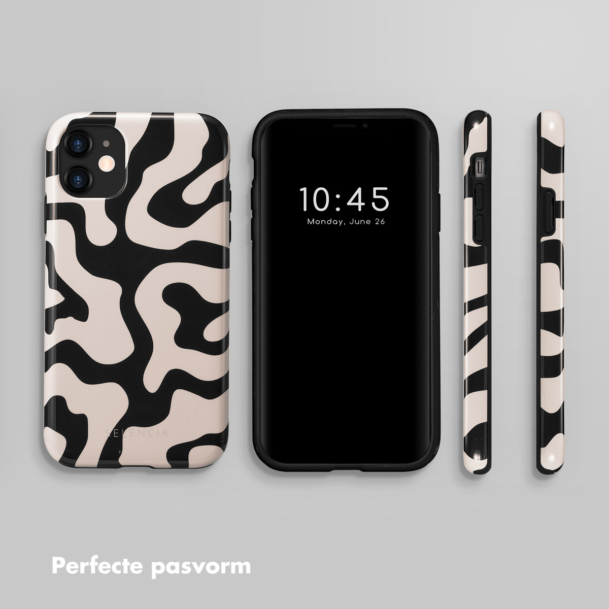 Telefoon met zwart-wit golvend hoesje. Zwarte telefoon die de tijd toont. Extra golvende hoesjes.