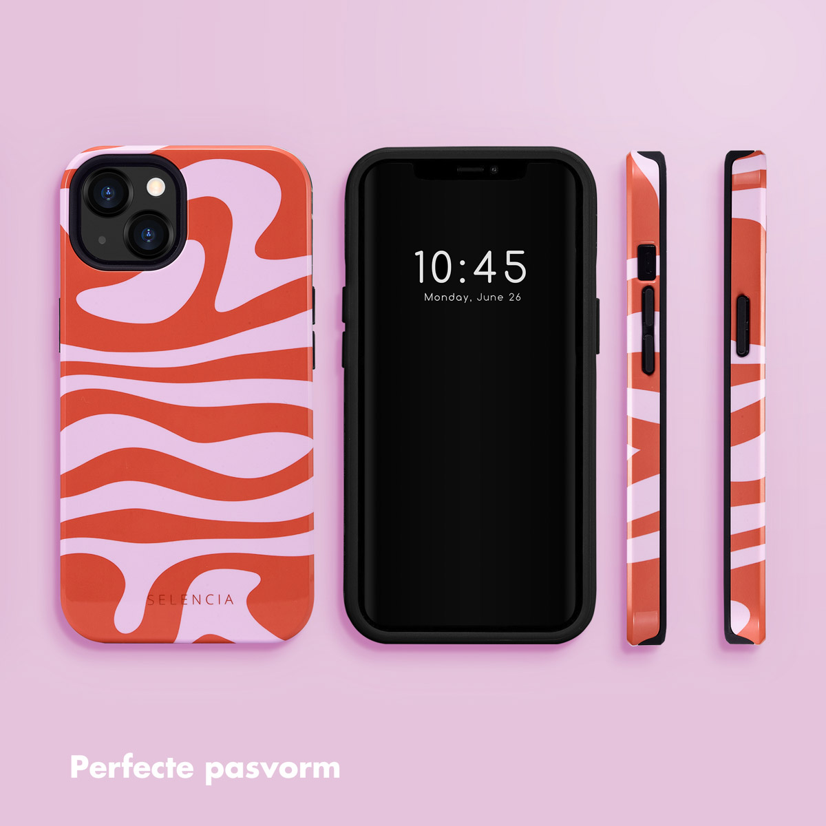 Téléphone avec coque ondulée orange et rose. Téléphone noir affichant l'heure. Coques supplémentaires ondulées.