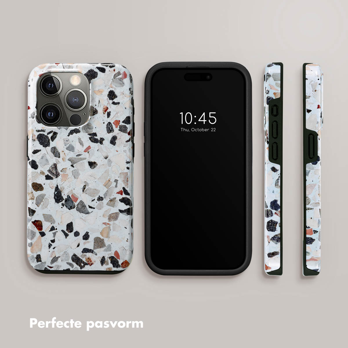Coque de téléphone avec un design terrazzo. Le téléphone affiche 10h45 et le jeudi 22 octobre.