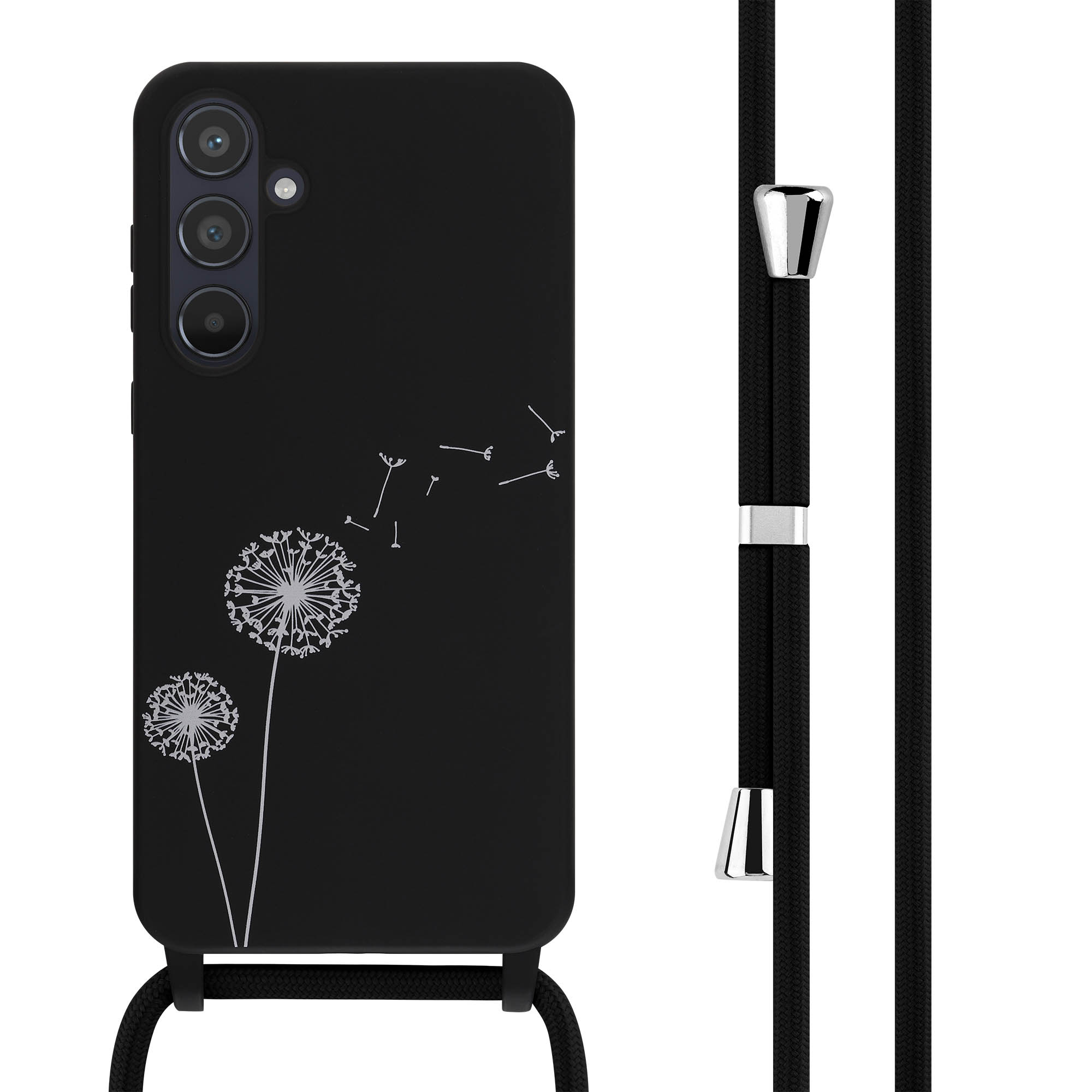 Coque de téléphone noire avec motif de pissenlit et lanière noire.