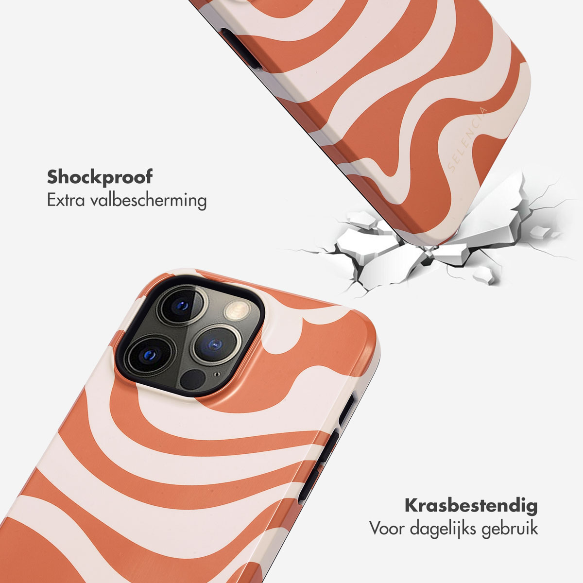 Telefoonhoesje met een golfpatroon, een vallende telefoon en impact.