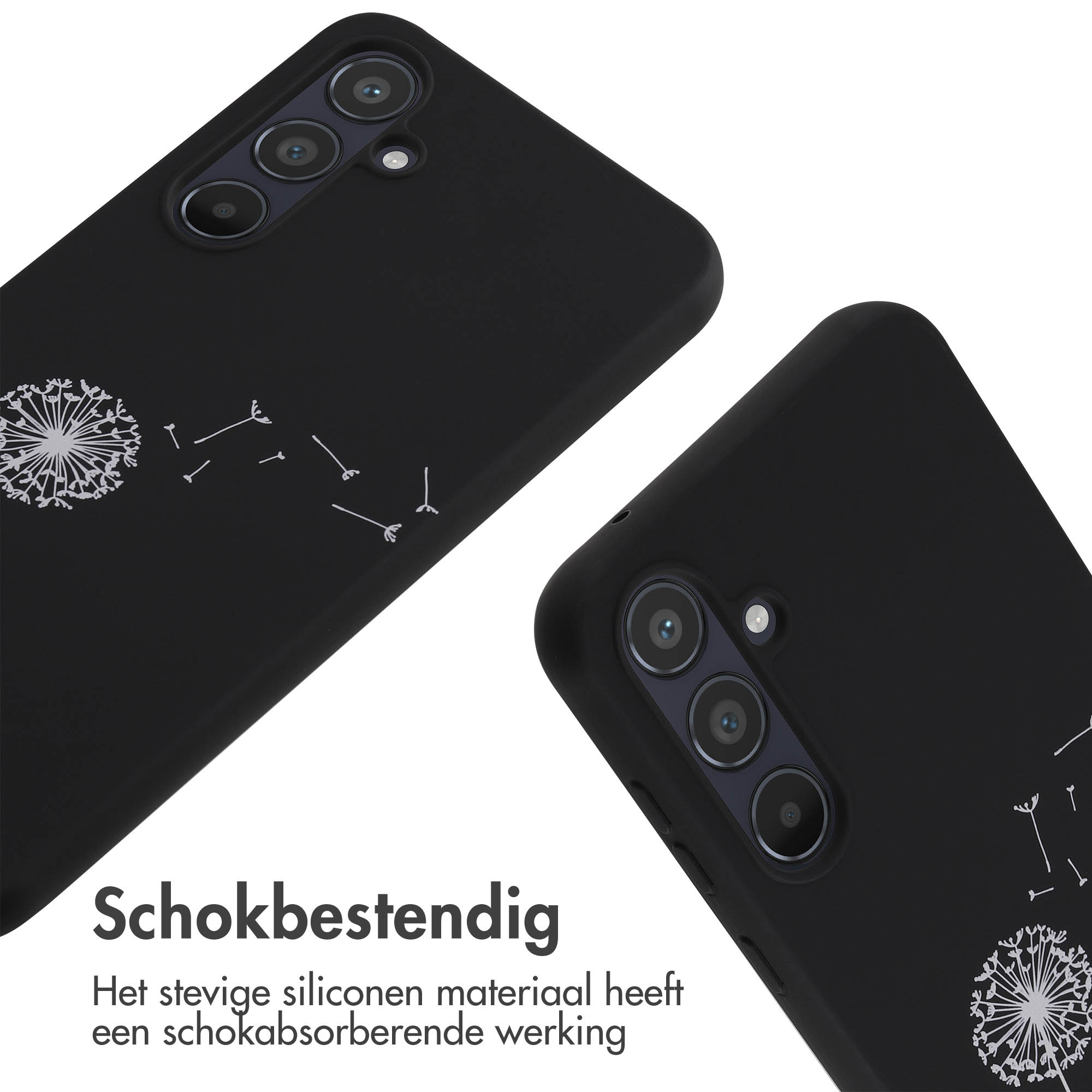 Deux téléphones noirs. L'un montre un motif de pissenlit. Fond blanc. Le téléphone est couché.