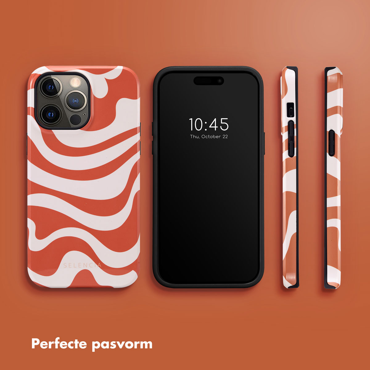 Een telefoon en de hoes met een rood en wit golvend design; de hoes wordt vanuit verschillende hoeken getoond.