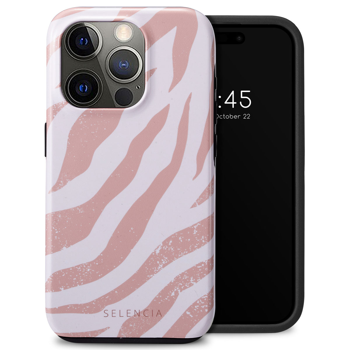 Coque de téléphone avec un motif à rayures zébrées roses. La marque est 'Selencia'. Le téléphone est à l'intérieur.