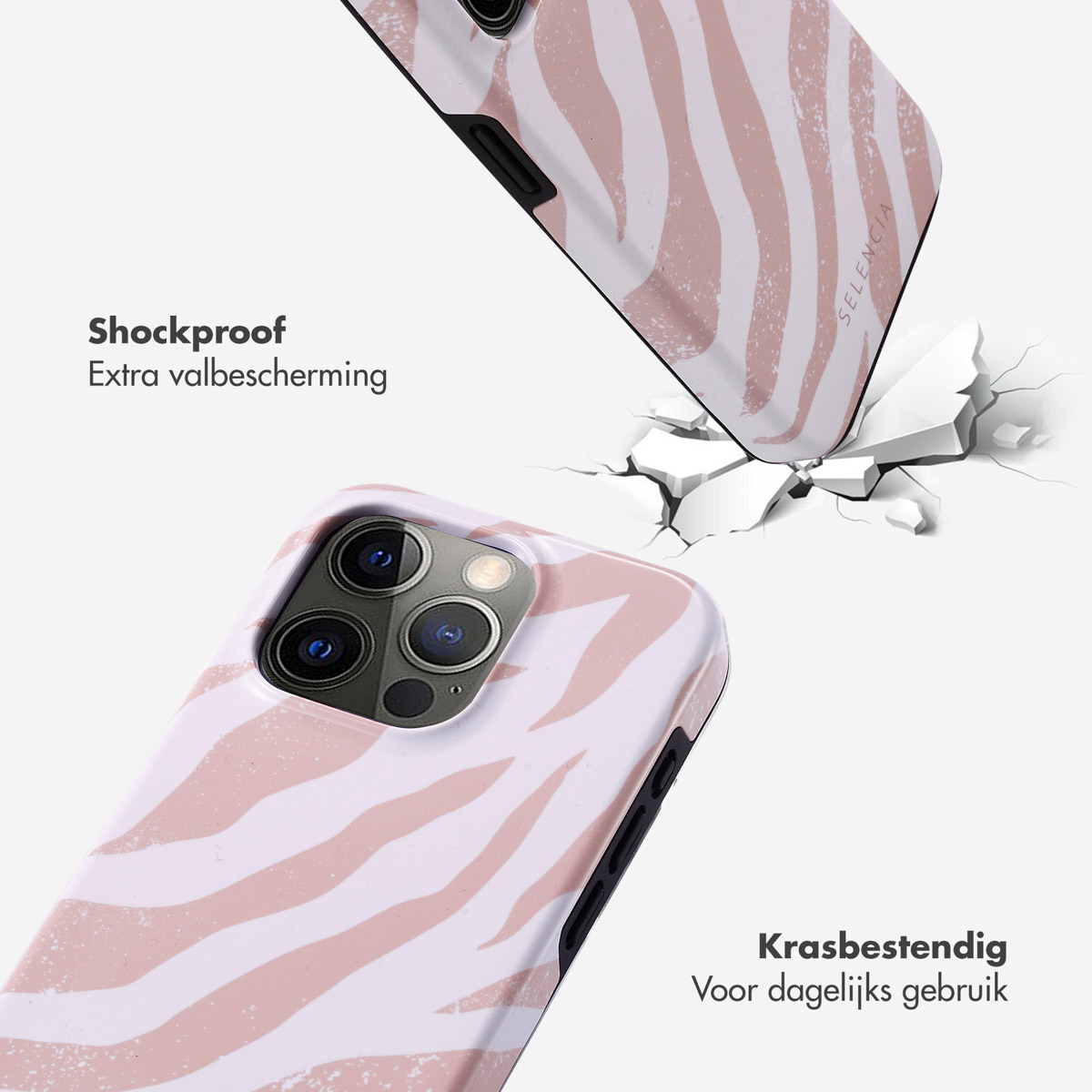 Deux coques de téléphone motif zèbre rose traversent un sol blanc.
