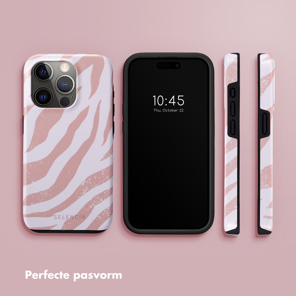iPhone avec coque zèbre rose et blanc, et deux vues latérales de la coque.