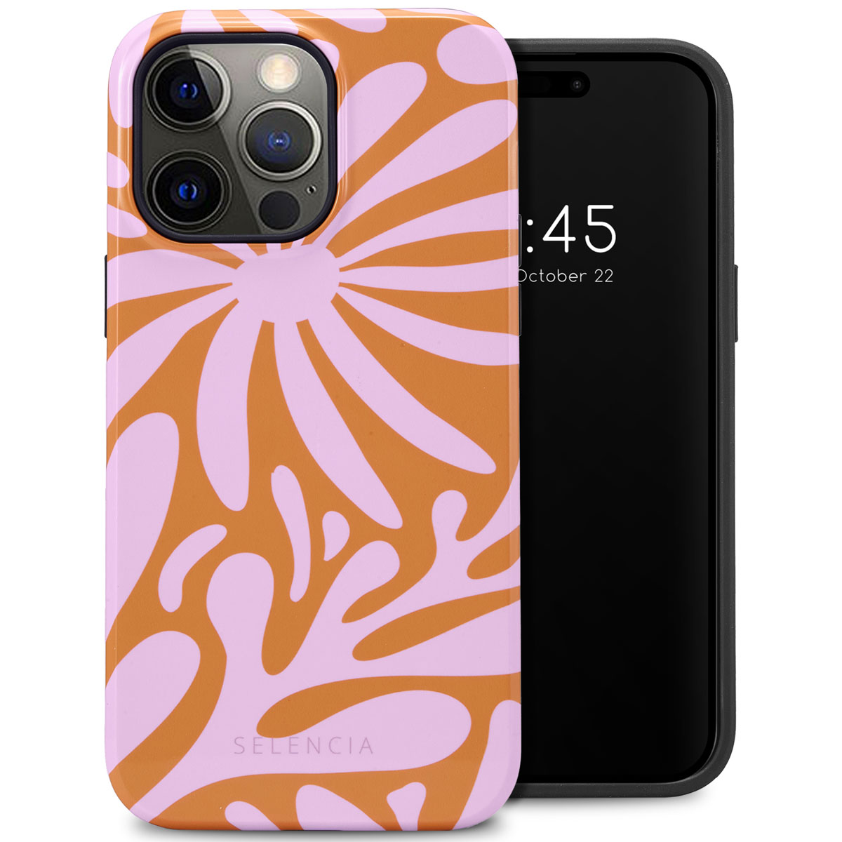 Oranje telefoonhoes met roze bloemenpatroon. De telefoonhoes zit op een telefoon met zwart scherm. Oranje achtergrond.