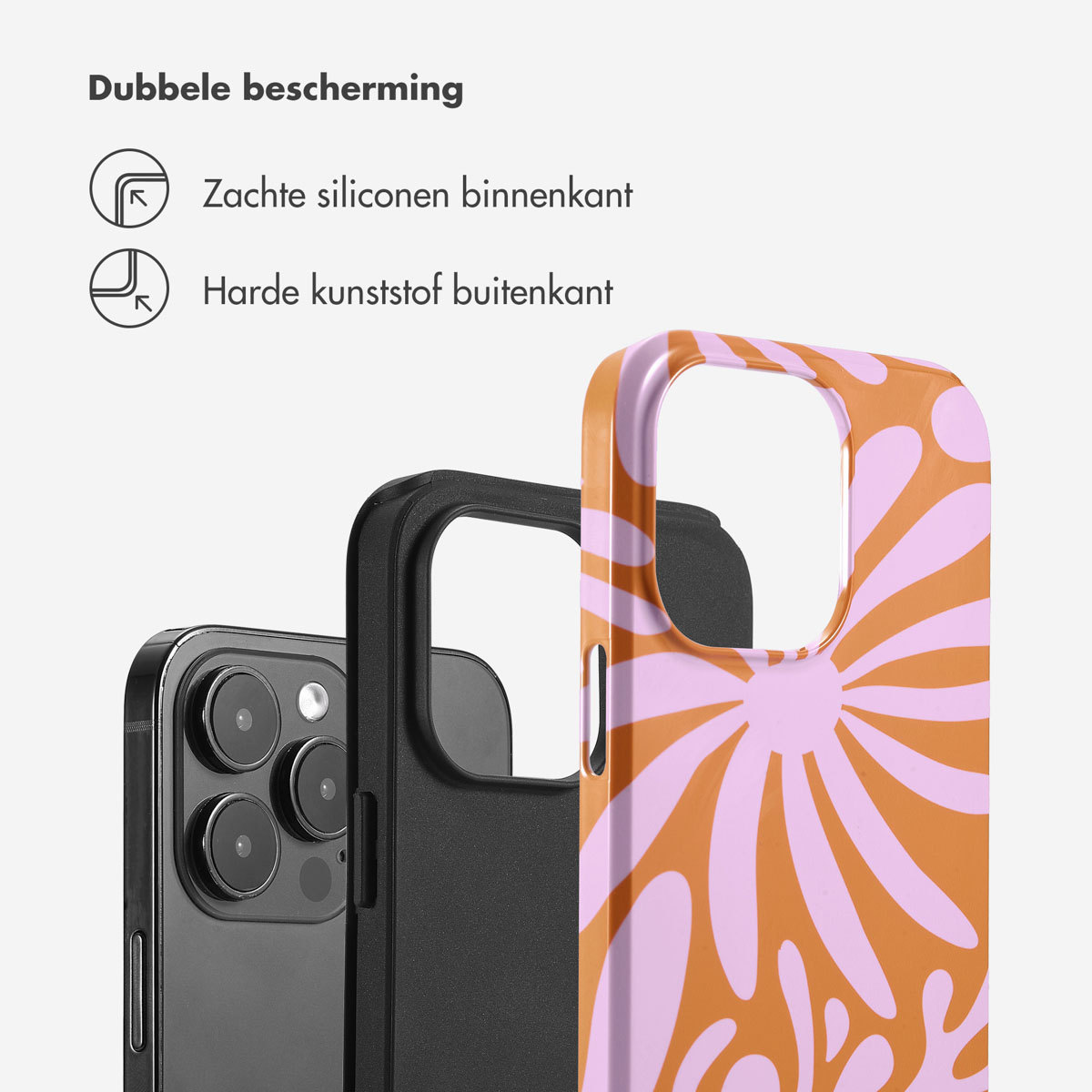 Telefoonhoesjes: Oranje en roze bloemenpatroon, zwart, wit. Tekst: Dubbele bescherming, zachte siliconen binnenkant, hard plastic buitenkant.