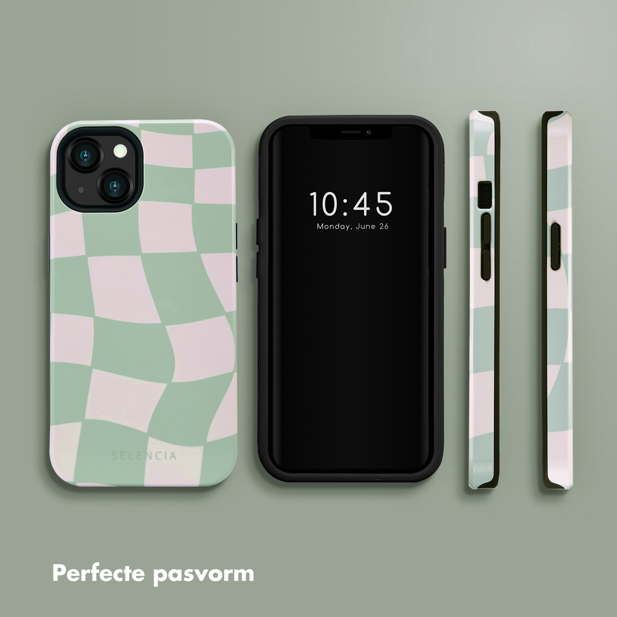 Coque de téléphone à carreaux verts et roses avec un téléphone.