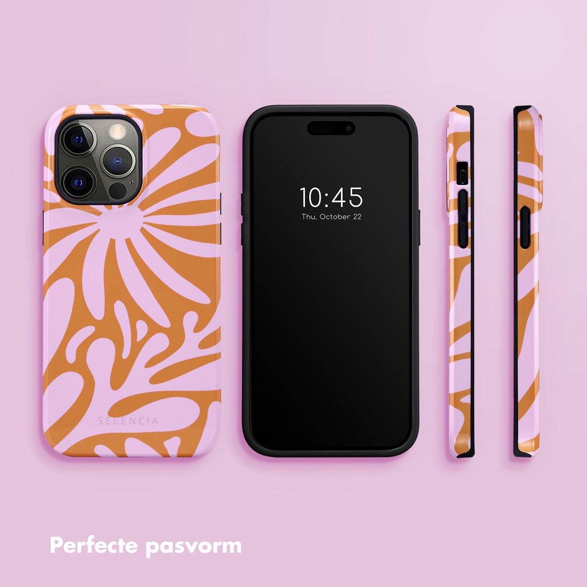 Telefoonhoesje met een bloemenontwerp, telefoon die de tijd toont, op een roze achtergrond, zijaanzichten.