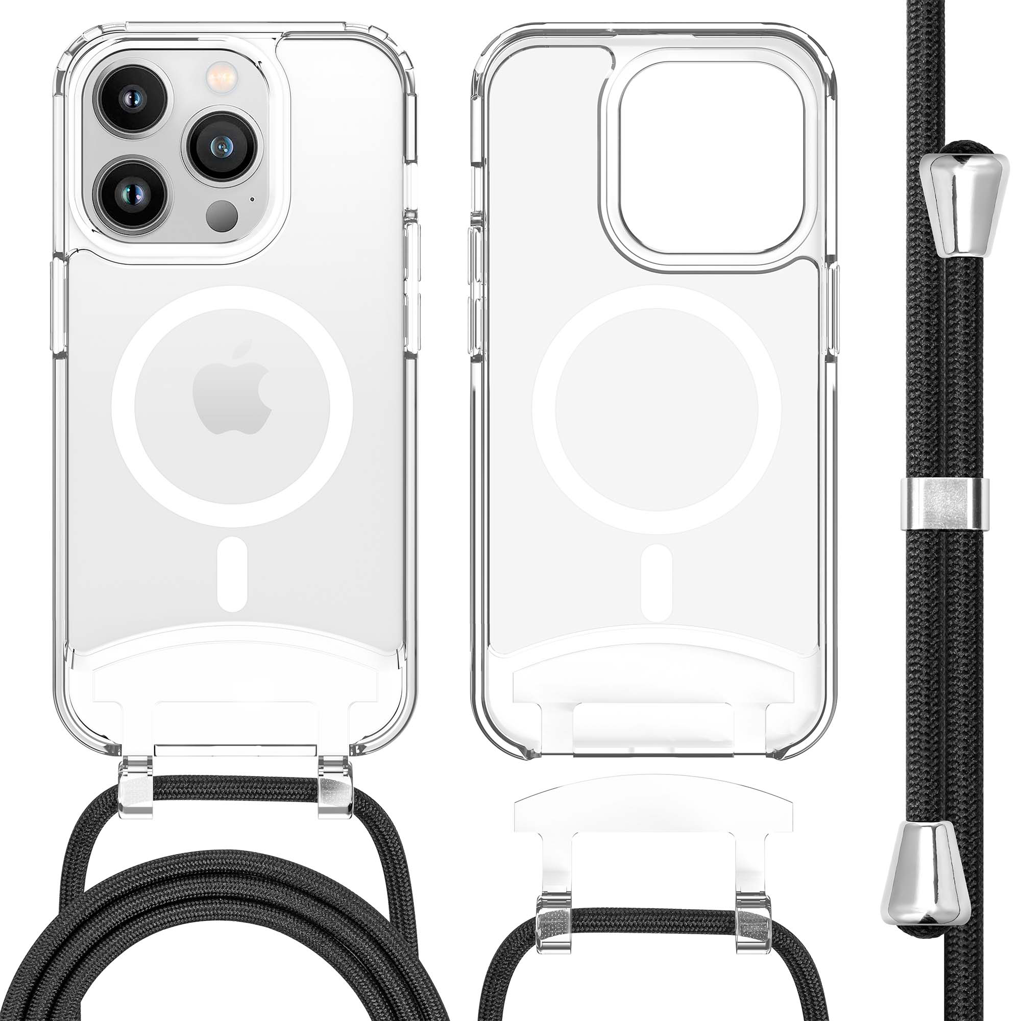 Coque transparente avec sangle noire et accessoires argentés. Deux coques, une avec téléphone.