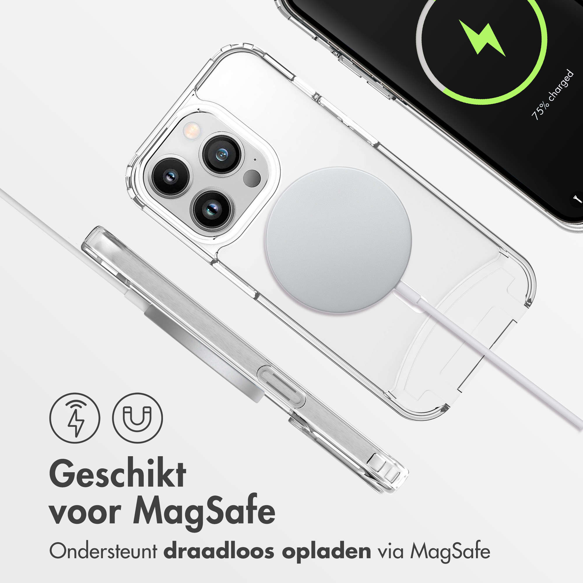 Coque transparente avec chargeur MagSafe et chargement du téléphone. Icône d'éclair visible.