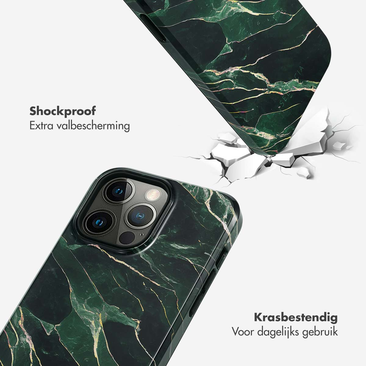 Telefoonhoesje met marmerontwerp dat valt, de grond kraakt, groentinten, witte achtergrond.