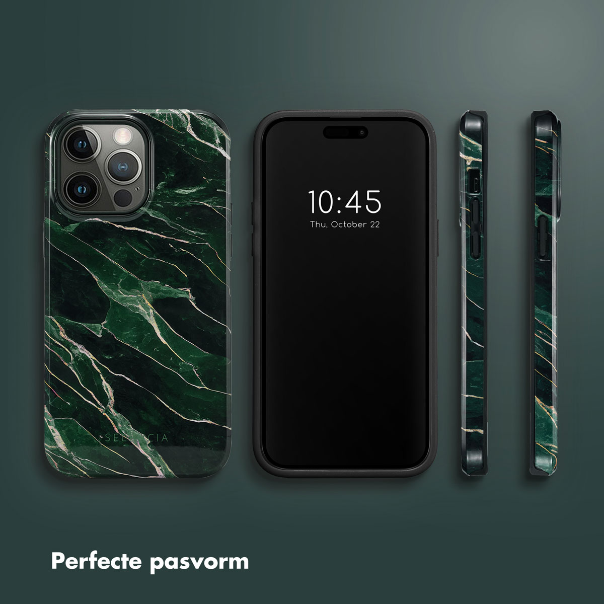 Telefoon en hoesjes met marmerpatroon. De telefoon toont de tijd. Hoesjes zijn groen, goud en zwart.