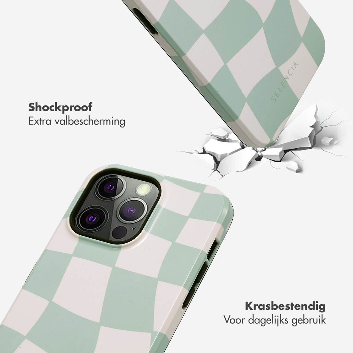 Telefoonhoesje met wit en mintgroen dambordpatroon valt, breekt een oppervlak.