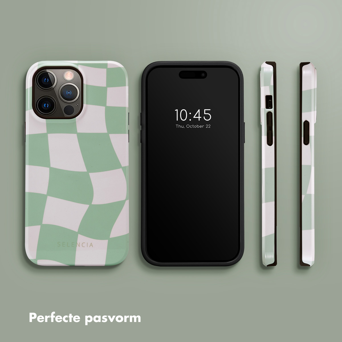 Een telefoon en de hoes met een groen ruitpatroon, getoond vanuit verschillende hoeken. Selencia.