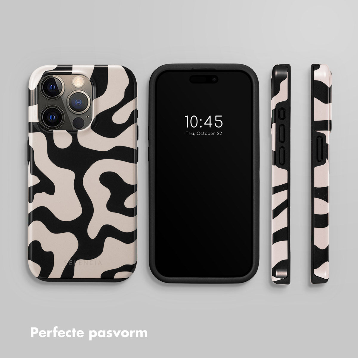 Un iPhone avec motif ondulé noir et crème, à côté de trois coques.