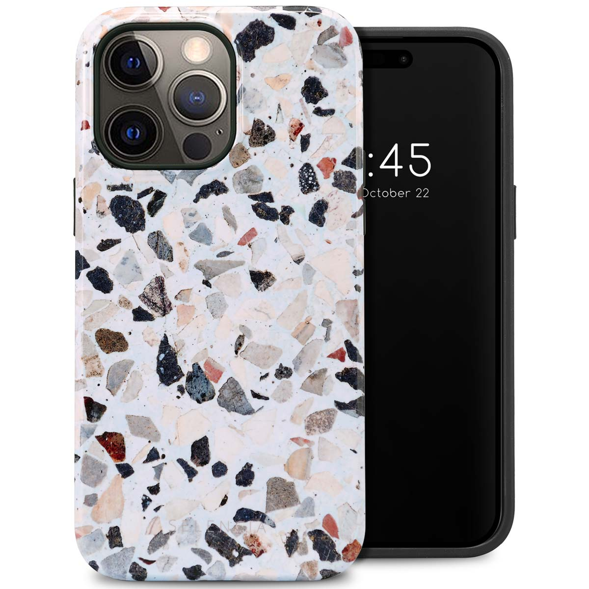 Telefoonhoesje met een terrazzo ontwerp en een telefoon, met tijdweergave.