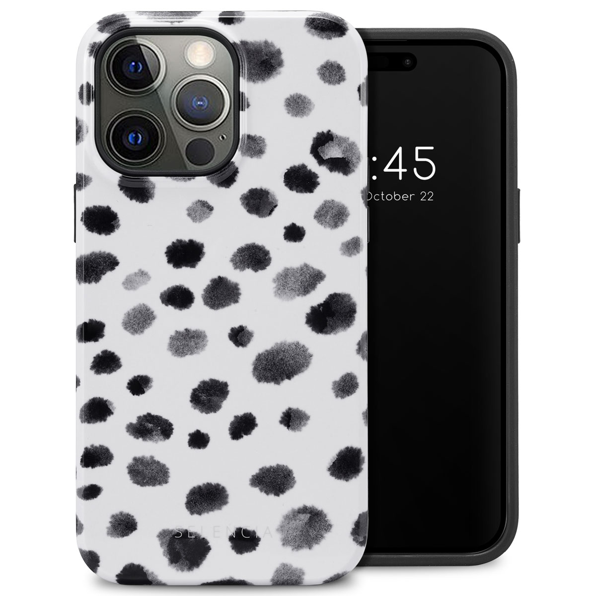 Telefoon met witte hoes, zwarte en grijze stippen. Tijd: 1:45, 22 oktober.