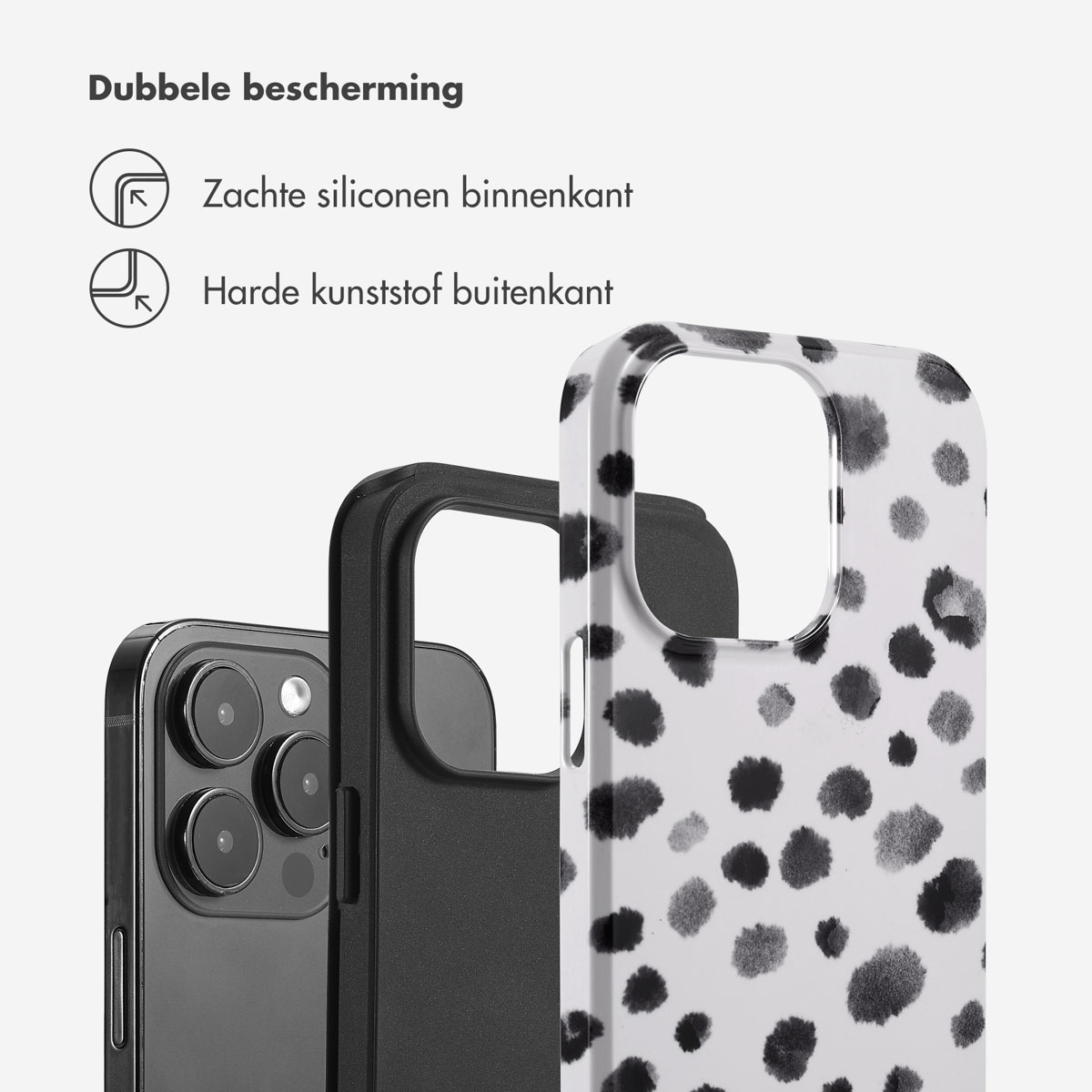 Telefoonhoes met witte achtergrond met zwarte stippen, met een zwarte binnenhoes.