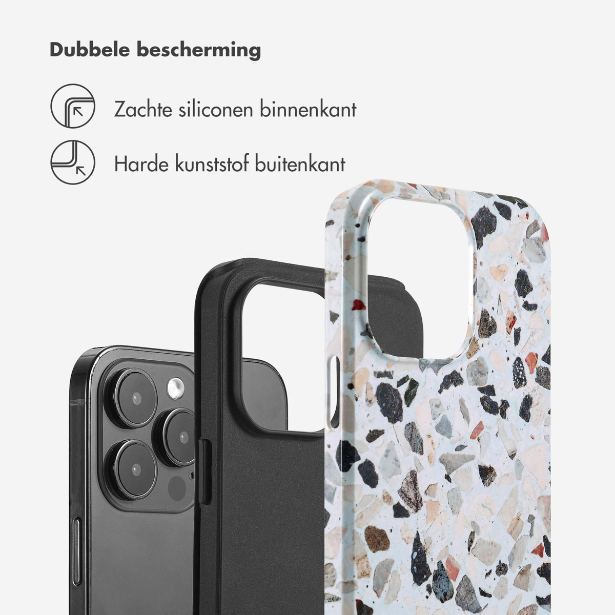 Telefoonhoesje met een gespikkeld patroon, met de binnen- en buitenkant van het hoesje.